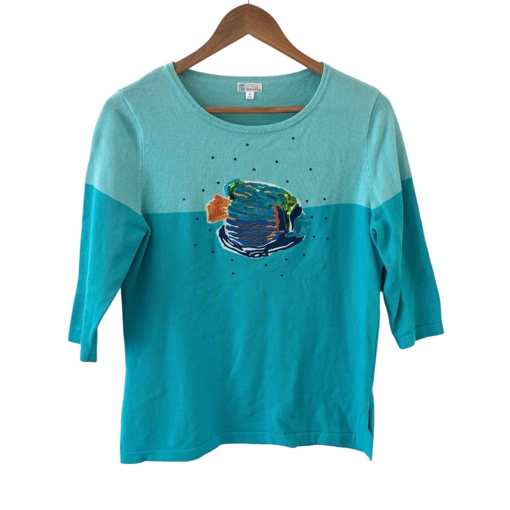 Cabana Cay Tropical Fish Sequin Sweater Womens S Blue Beachy Resort 3/4 Sleeve